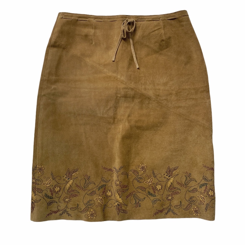 Express Brown Leather Skirt with Floral Embroidery